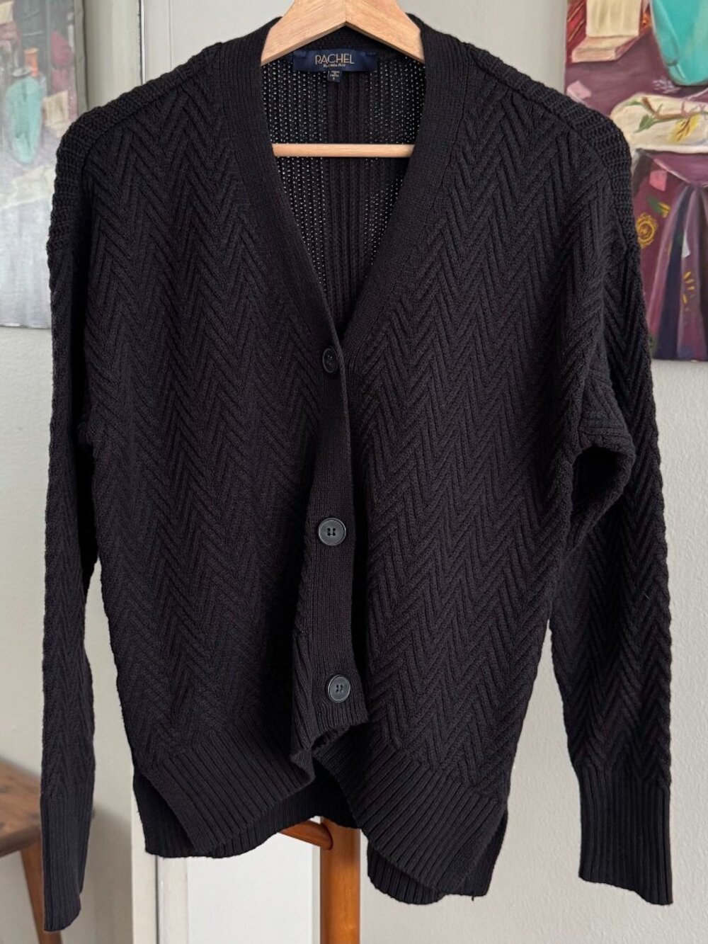 Rachel Roy Black Textured Chevron Knit Button Cardigan Sweater